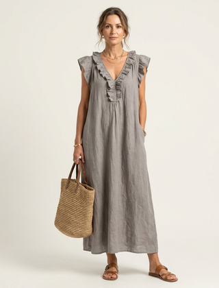 Josette Ruffle V-Neck Linen Maxi Dress - Gray