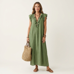 Josette Ruffle V-Neck Linen Maxi Dress - Green