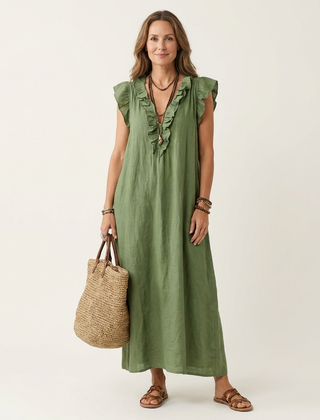 Josette Ruffle V-Neck Linen Maxi Dress - Green