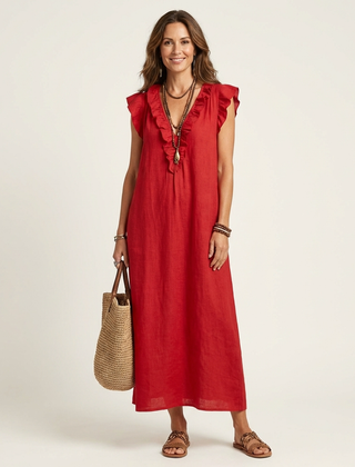 Josette Ruffle V-Neck Linen Maxi Dress - Red