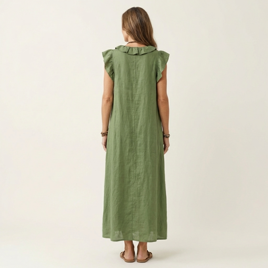Josette Ruffle V-Neck Linen Maxi Dress