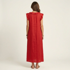 Josette Ruffle V-Neck Linen Maxi Dress