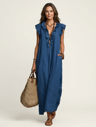 Josette Ruffle V-Neck Linen Maxi Dress - Blue