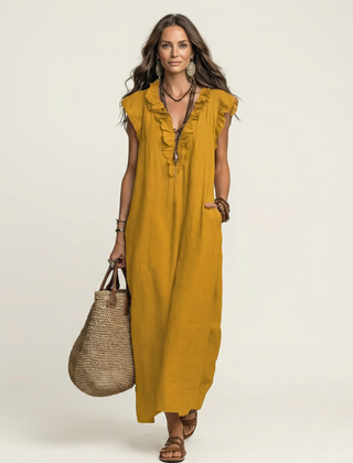 Josette Ruffle V-Neck Linen Maxi Dress - Yellow
