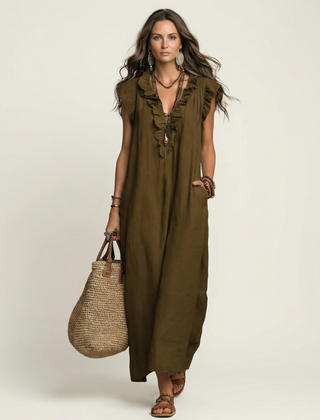Josette Ruffle V-Neck Linen Maxi Dress - Brown