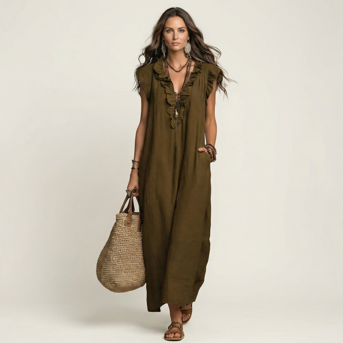 Josette Ruffle V-Neck Linen Maxi Dress - Brown
