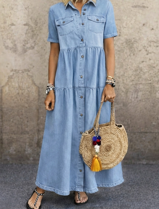 Woman wearing a comfortable sky blue button-front midi dress
