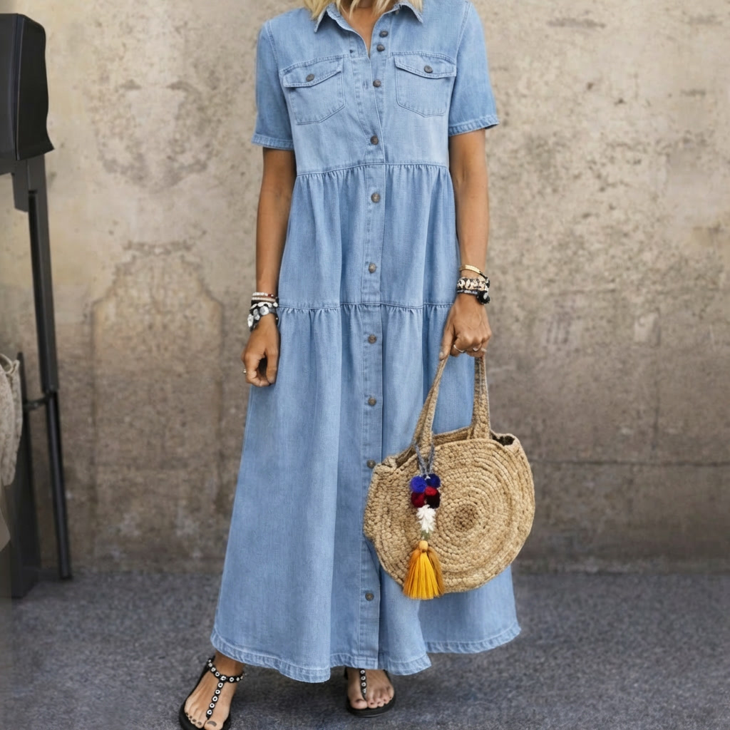 Woman wearing a comfortable sky blue button-front midi dress