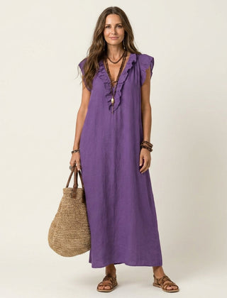 Josette Ruffle V-Neck Linen Maxi Dress - Purple