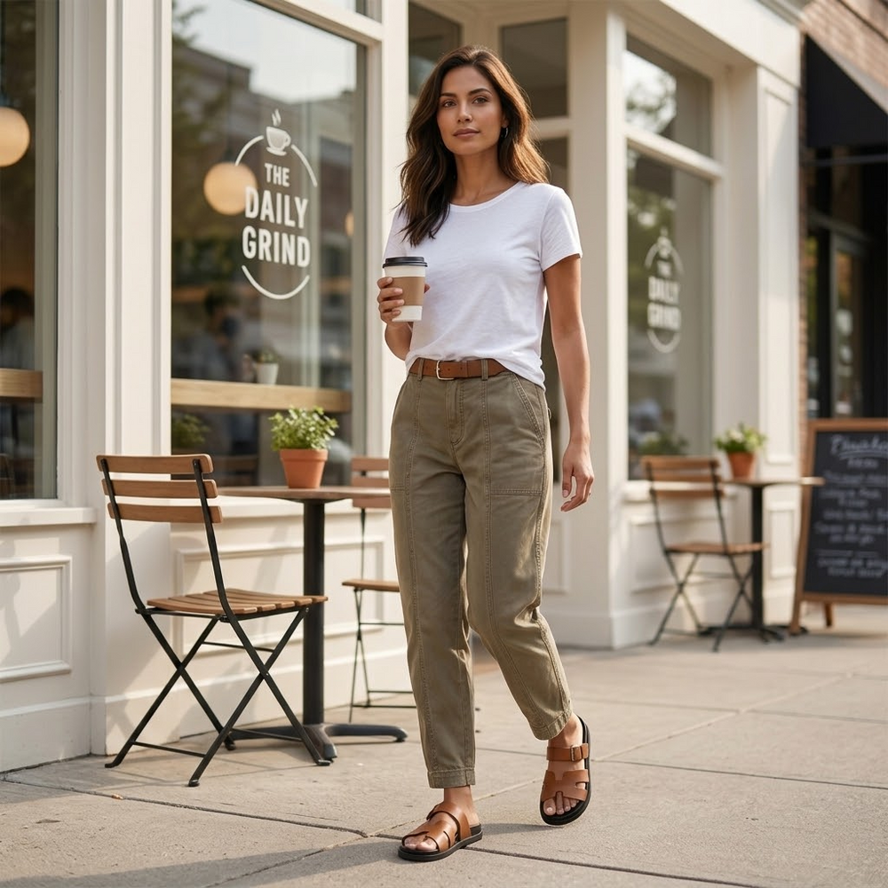 Women's tailored utility pants styled outfit, view 2