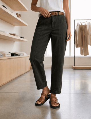 Women's high-waisted tailored utility pants in deep olive
