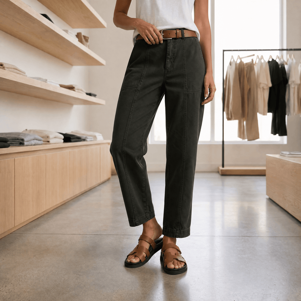 Women's high-waisted tailored utility pants in deep olive