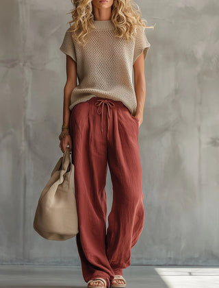 Women's red knit pullover top and linen-cotton trousers two-piece set, front view