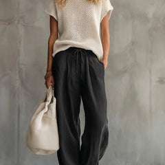 Red high-waisted wide-leg linen-cotton trousers with drawstring waist detail