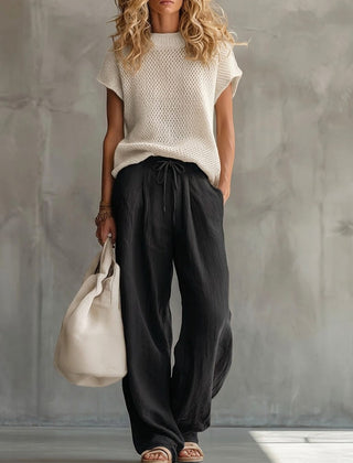 Red high-waisted wide-leg linen-cotton trousers with drawstring waist detail