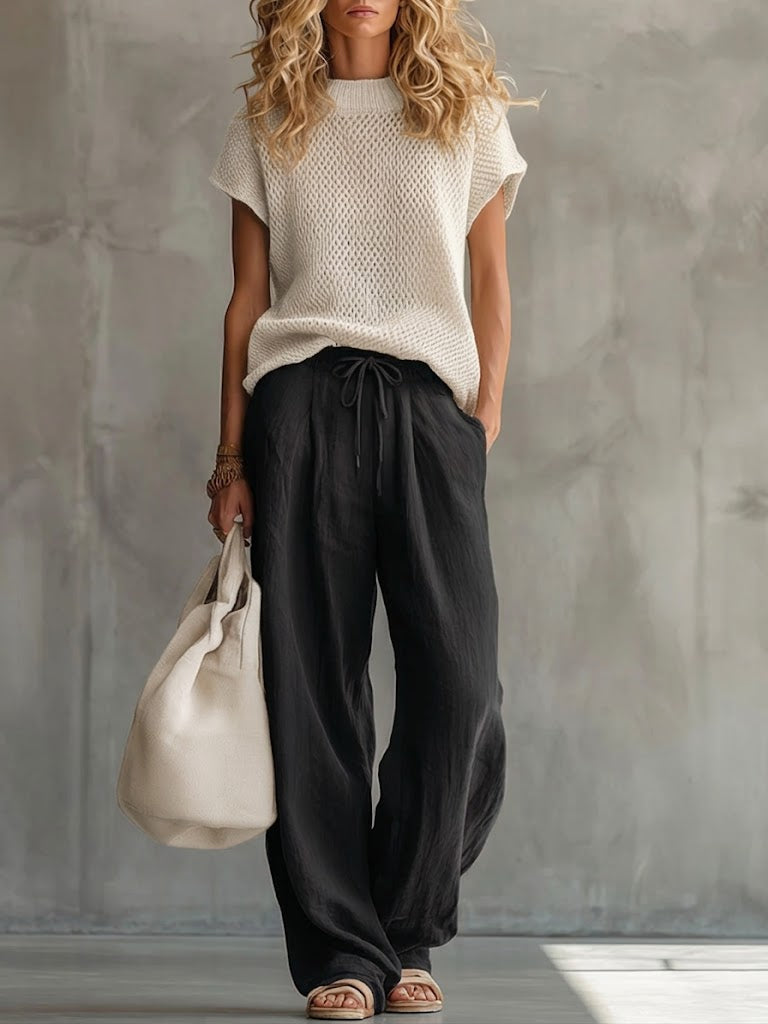 Red high-waisted wide-leg linen-cotton trousers with drawstring waist detail