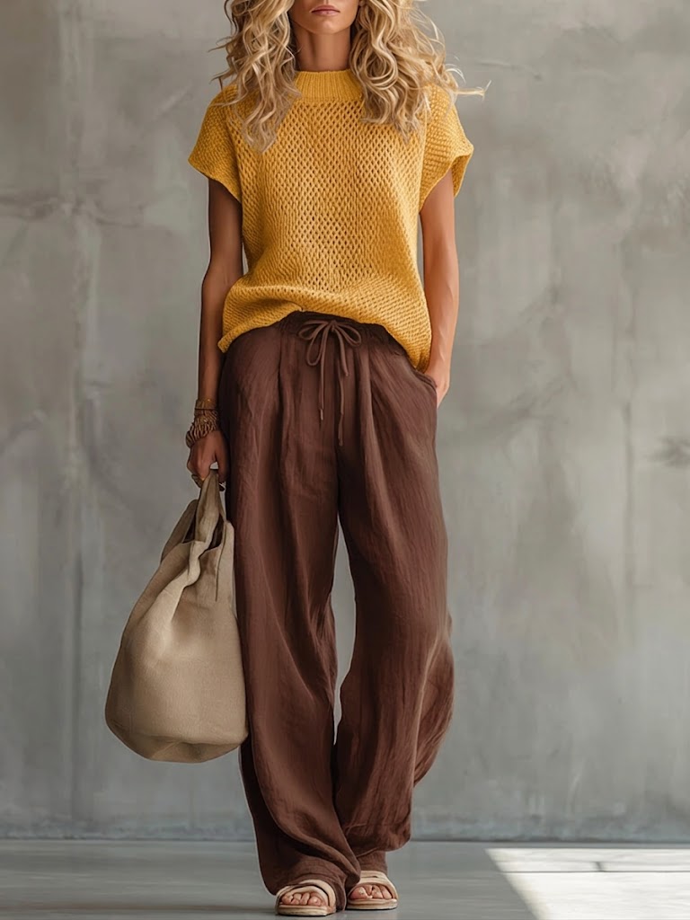 Close-up of the red knitted pullover top texture and crew neckline