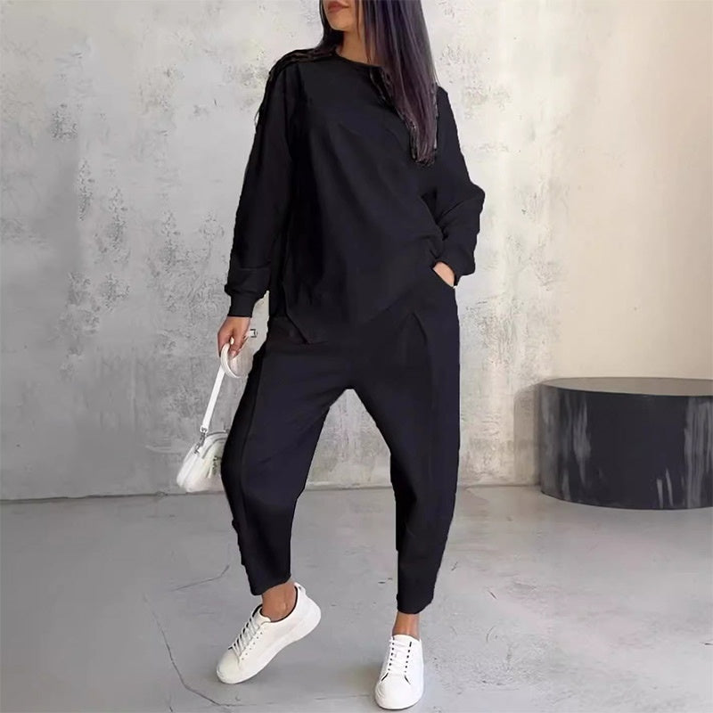 Women's relaxed irregular hem sweatshirt and pants set in black