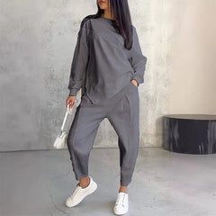 Women's relaxed irregular hem sweatshirt and pants set in grey