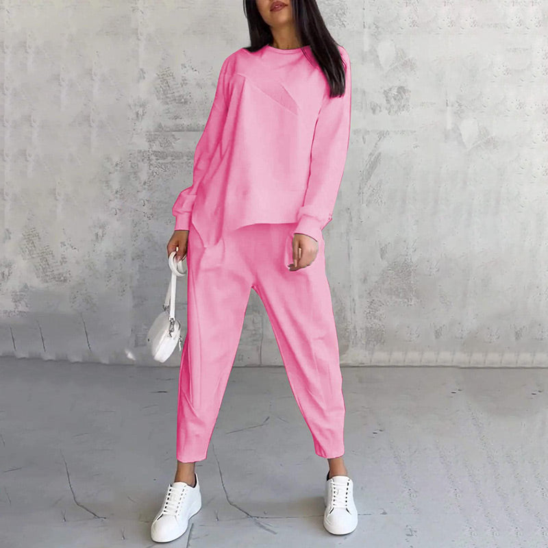 Women's relaxed irregular hem sweatshirt and pants set in peach