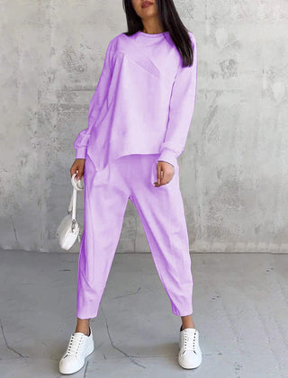 Women's relaxed irregular hem sweatshirt and pants set in purple