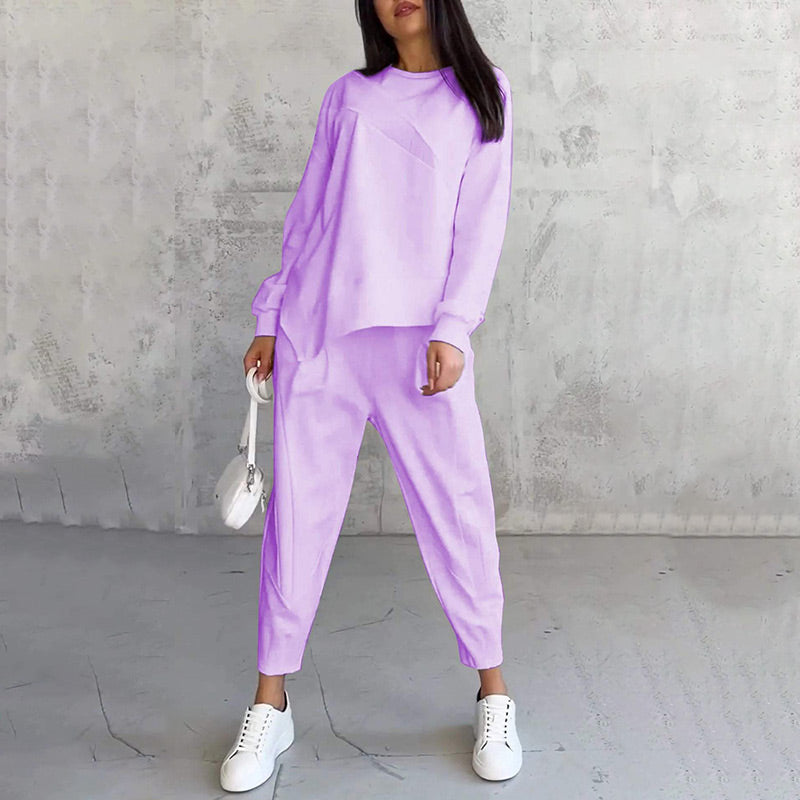 Women's relaxed irregular hem sweatshirt and pants set in purple