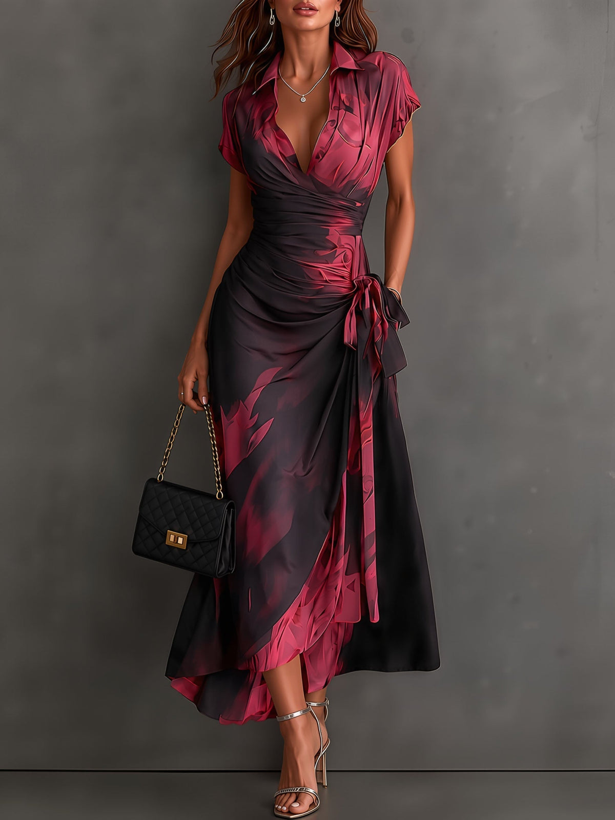 Abstract Print Wrap Midi Dress – Brown
